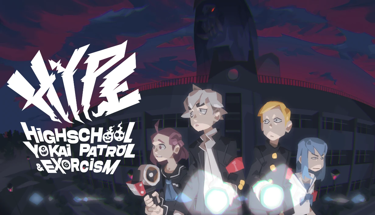 HYPE: Highschool Yokai Patrol & Exorcism — students with flashlights in front of a haunted school at night