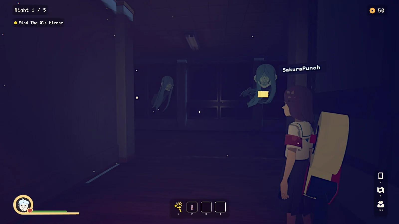 Students with flashlights face a pale yokai in a red-lit school hallway, a paper charm hanging in the foreground.