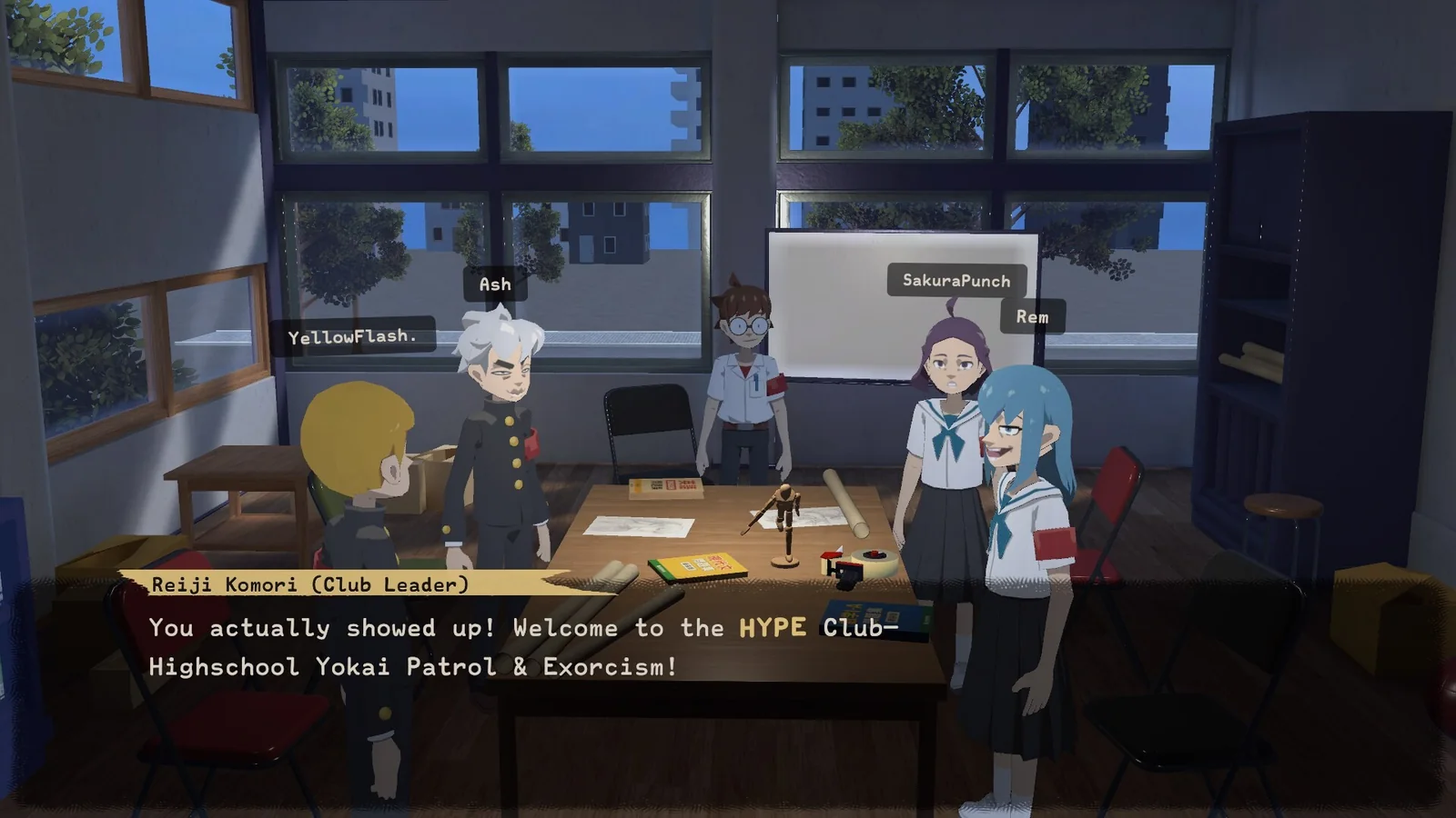 Three club members with flashlights in a dark classroom, a yokai lingering behind them.