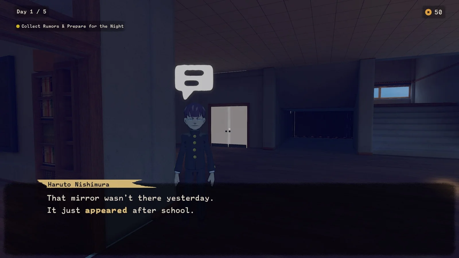 A yokai stands in a dark school corridor hung with red paper charms.