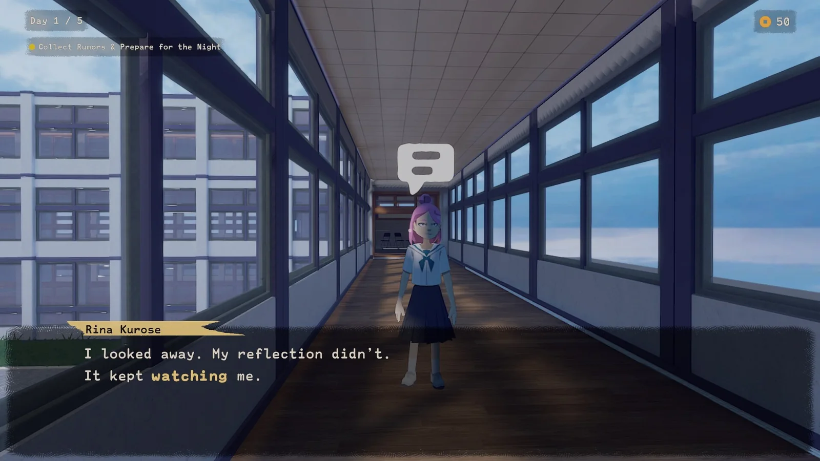 A student shines a flashlight on a pale yokai in a dark hallway.