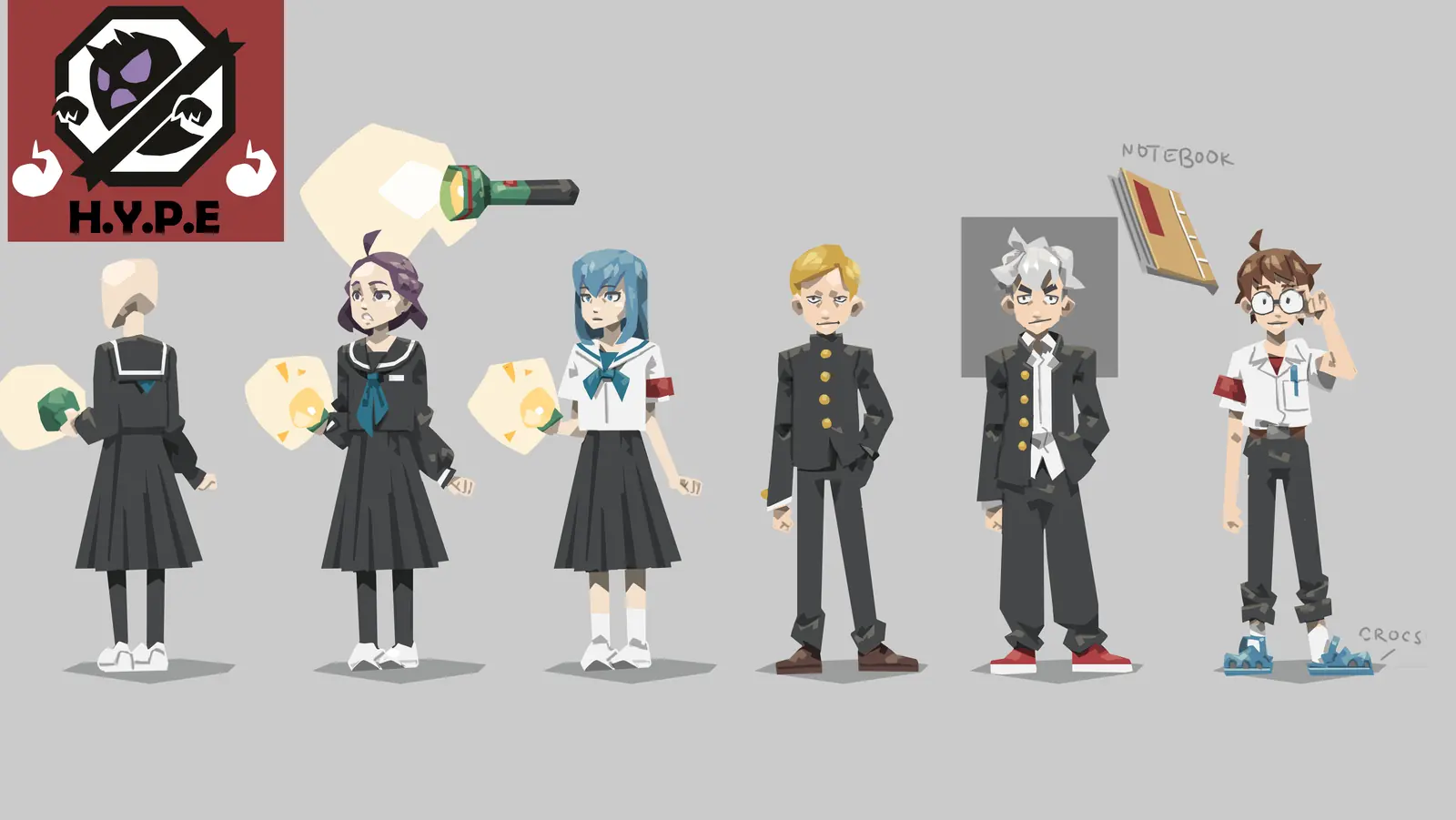 Concept art: a lineup of students in school uniforms, holding charms and a flashlight
