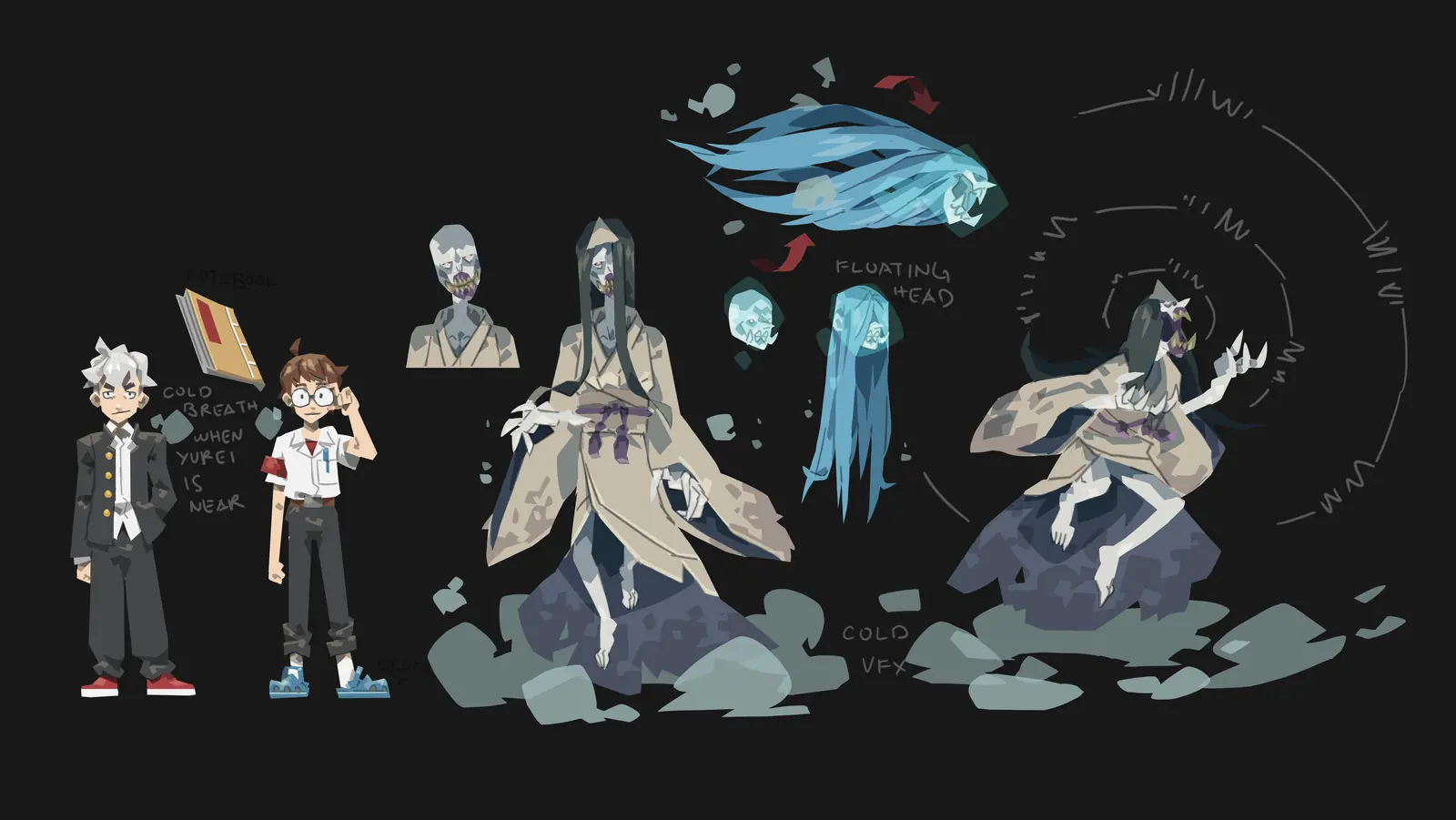 Concept art: a yūrei with pale blue skin, a tattered robe, and a cold aura